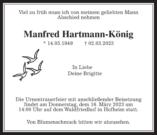 Traueranzeige von Manfred Hartmann-König 