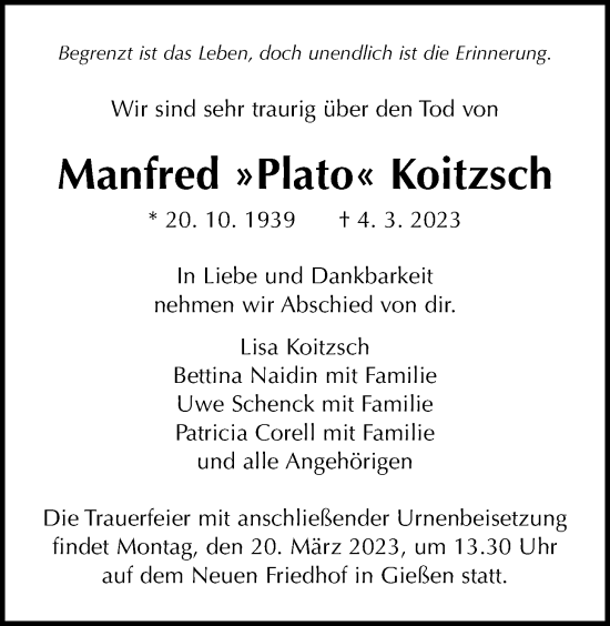 Traueranzeige von Manfred Koitzsch von Giessener Allgemeine, Alsfelder Allgemeine