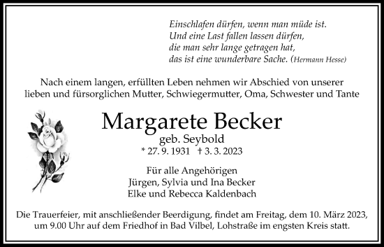 Traueranzeige von Margarete Becker von Bad Vilbel/Karben