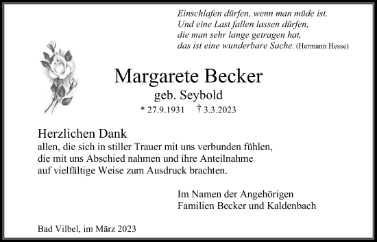 Traueranzeige von Margarete Becker von Bad Vilbel/Karben