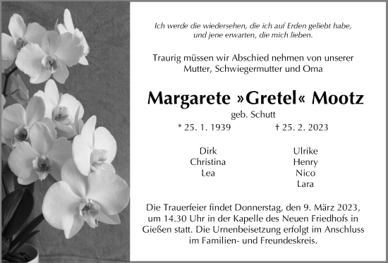 Traueranzeige von Margarete Mootz von Giessener Allgemeine, Alsfelder Allgemeine, Giessener Anzeiger, Giessener Allgemeine, Alsfelder Allgemeine, Giessener Anzeiger