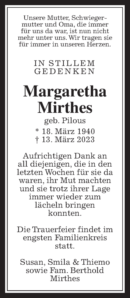 Traueranzeige von Margaretha Mirthes von Giessener Allgemeine, Alsfelder Allgemeine