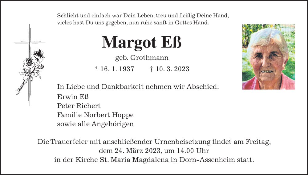  Traueranzeige für Margot Eß vom 18.03.2023 aus Wetterauer Zeitung