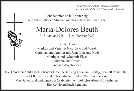 Traueranzeige von Maria-Dolores Beuth von Usinger Anzeiger, Usinger Anzeiger