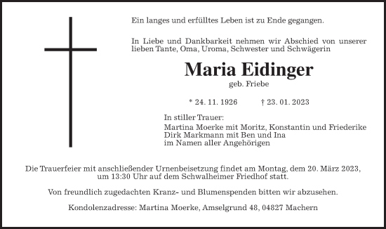 Traueranzeige von Maria Eidinger von Wetterauer Zeitung