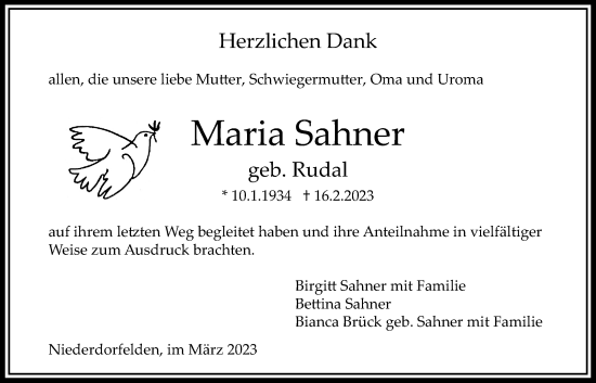 Traueranzeige von Maria Sahner von Bad Vilbel/Karben