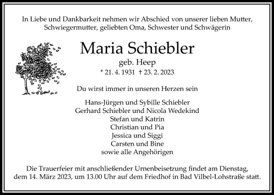 Traueranzeige von Maria Schiebler von Bad Vilbel/Karben