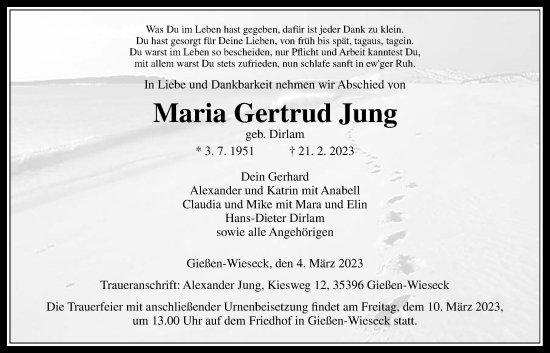 Traueranzeige von Maria Gertrud Jung von Giessener Allgemeine, Alsfelder Allgemeine, Giessener Anzeiger