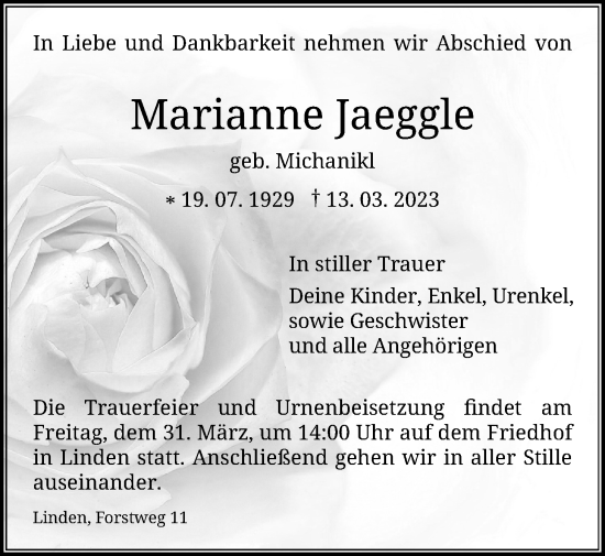 Traueranzeige von Marianne Jaeggle von Giessener Allgemeine, Alsfelder Allgemeine