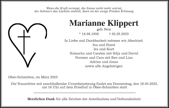 Traueranzeige von Marianne Klippert von Kreis-Anzeiger