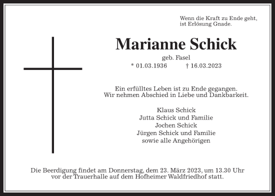 Traueranzeige von Marianne Schick 