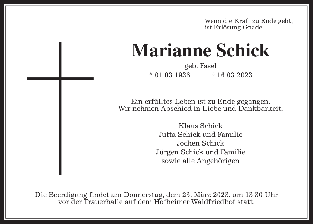 Traueranzeige für Marianne Schick vom 21.03.2023 aus 