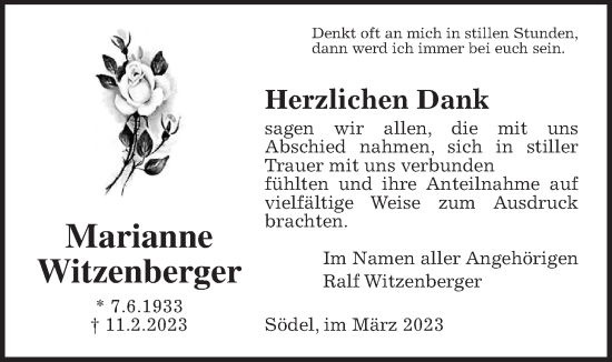 Traueranzeige von Marianne Witzenberger von Wetterauer Zeitung