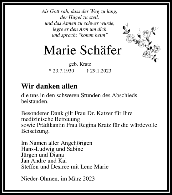 Traueranzeige von Marie Schäfer von Mücker Stimme