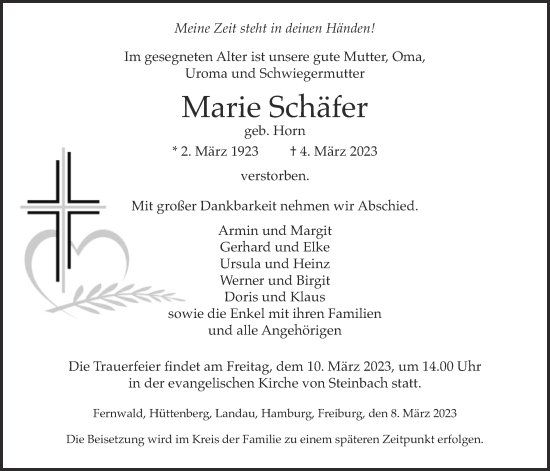 Traueranzeige von Marie Schäfer von Giessener Anzeiger, Giessener Allgemeine, Alsfelder Allgemeine