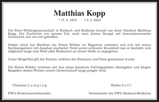 Traueranzeige von Matthias Kopp von Wetterauer Zeitung