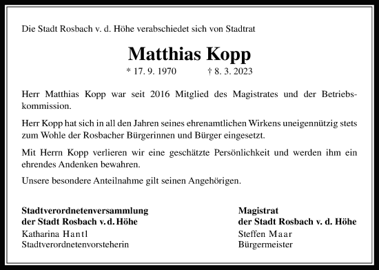 Traueranzeige von Matthias Kopp von Wetterauer Zeitung