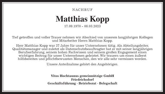 Traueranzeige von Matthias Kopp von Wetterauer Zeitung