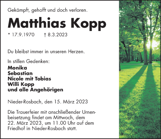 Traueranzeige von Matthias Kopp von Wetterauer Zeitung