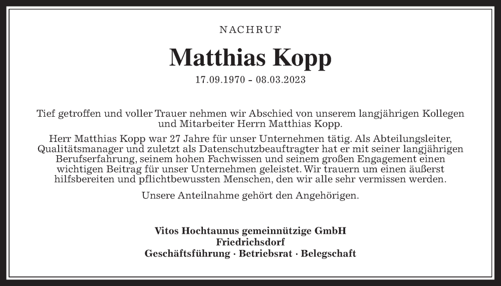  Traueranzeige für Matthias Kopp vom 18.03.2023 aus Wetterauer Zeitung