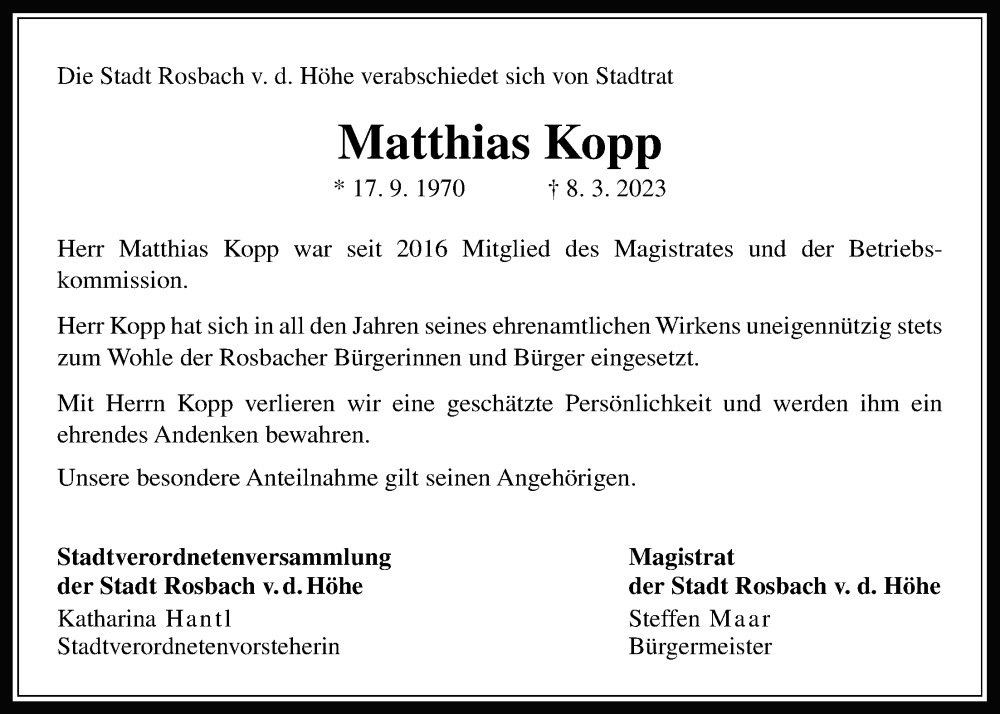  Traueranzeige für Matthias Kopp vom 15.03.2023 aus Wetterauer Zeitung