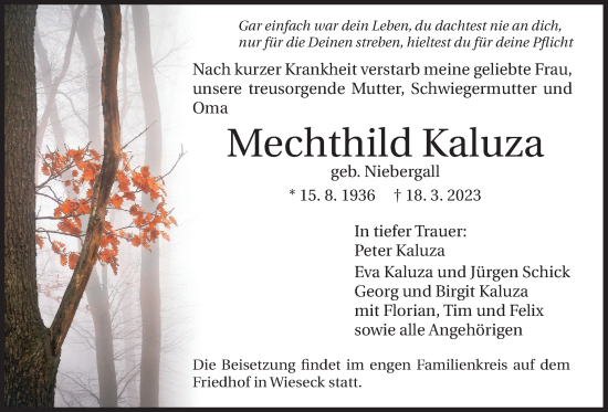 Traueranzeige von Mechthild Kaluza von Giessener Anzeiger, Giessener Allgemeine, Alsfelder Allgemeine