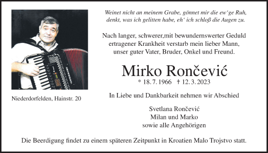 Traueranzeige von Mirko Roncevic von Bad Vilbel/Karben