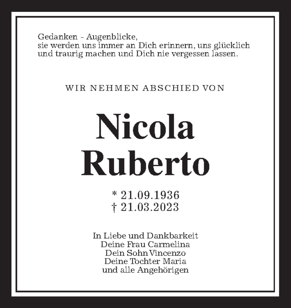  Traueranzeige für Nicola Ruberto vom 31.03.2023 aus Giessener Allgemeine, Alsfelder Allgemeine