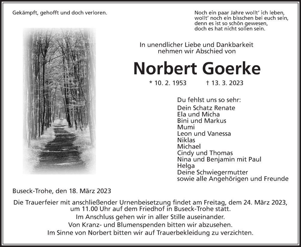  Traueranzeige für Norbert Goerke vom 18.03.2023 aus Giessener Allgemeine, Alsfelder Allgemeine, Giessener Anzeiger