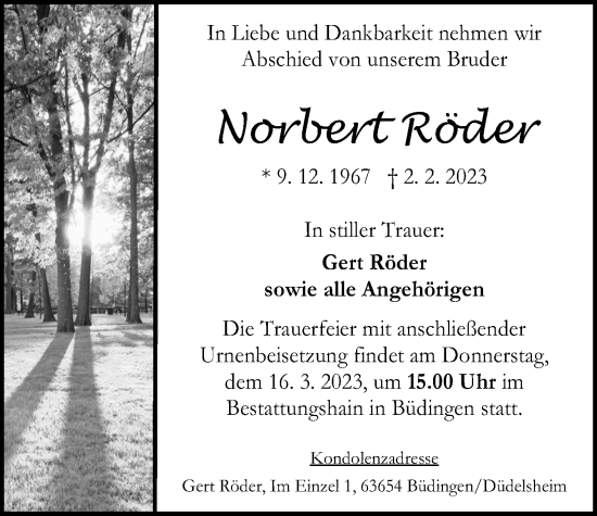 Traueranzeige von Norbert Röder von Kreis-Anzeiger