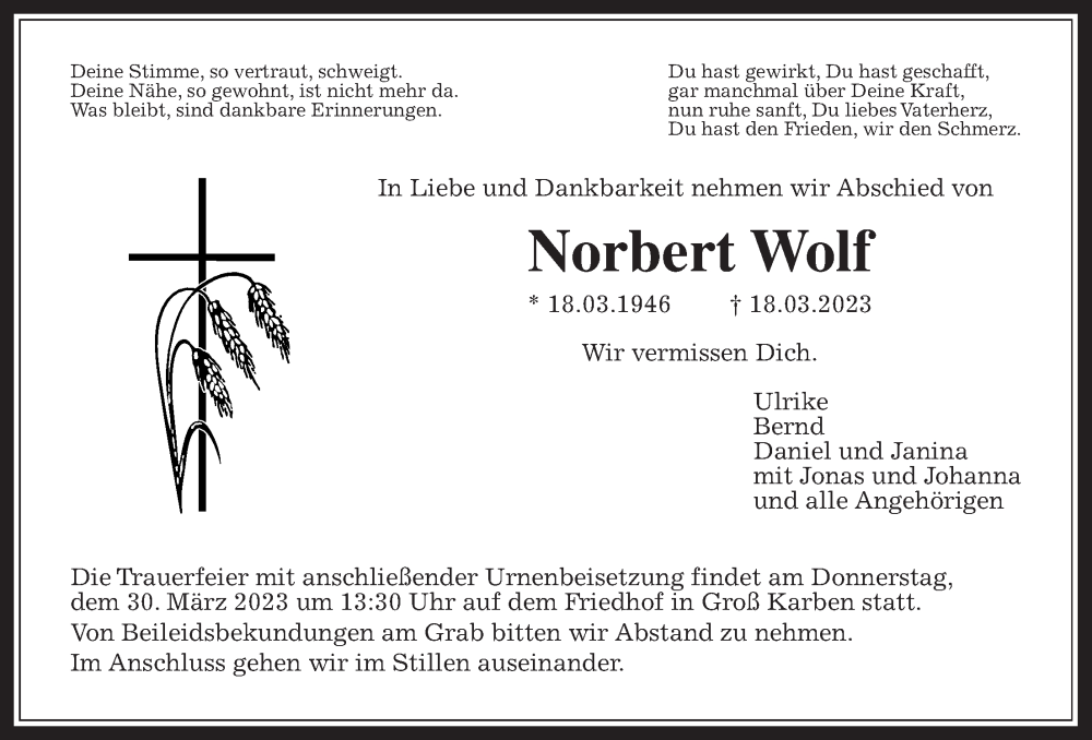 Anzeige von  Norbert Wolf