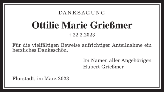 Traueranzeige von Ottilie Marie Grießmer von Wetterauer Zeitung