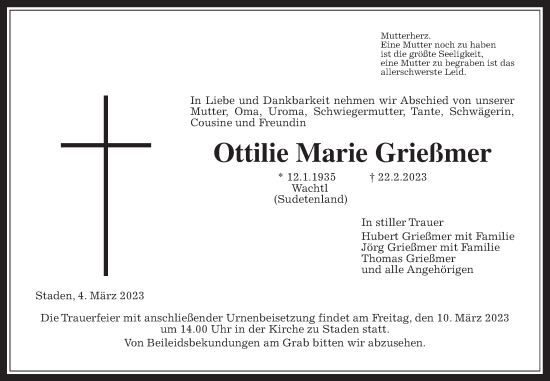 Traueranzeige von Ottilie Marie Grießmer von Wetterauer Zeitung, Wetterauer Zeitung