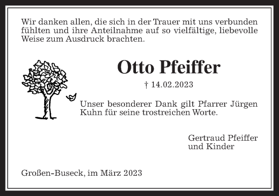 Traueranzeige von Otto Pfeiffer von Giessener Allgemeine, Alsfelder Allgemeine