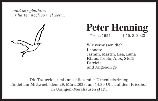 Traueranzeige von Peter Henning von Usinger Anzeiger