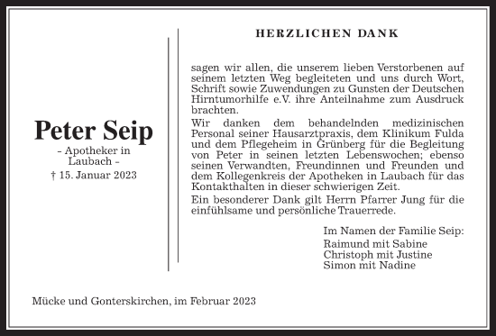 Traueranzeige von Peter Seip von Laubacher Anzeiger