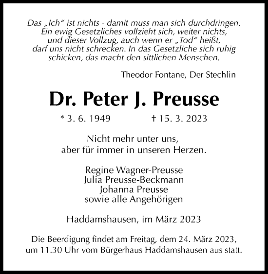 Traueranzeige von Peter J. Preusse von Giessener Anzeiger