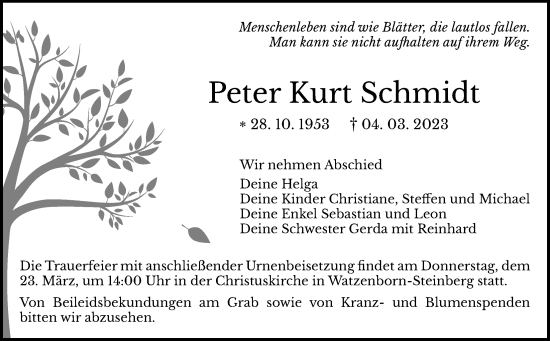 Traueranzeige von Peter Kurt Schmidt von Pohlheimer Nachrichten, Giessener Allgemeine, Alsfelder Allgemeine, Giessener Anzeiger