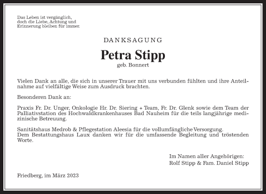 Traueranzeige von Petra Stipp von Wetterauer Zeitung