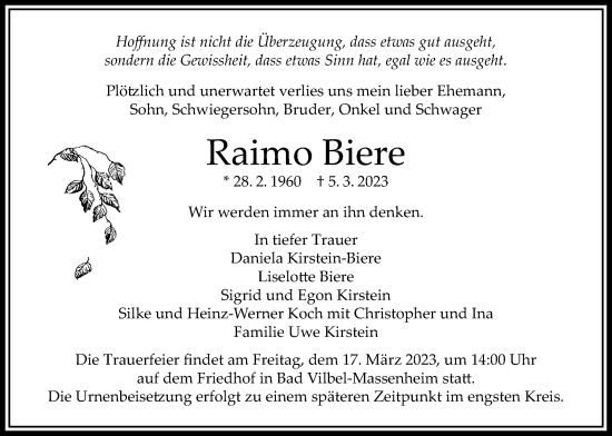Traueranzeige von Raimo Biere von Bad Vilbel/Karben