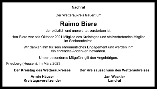 Traueranzeige von Raimo Biere von Wetterauer Zeitung