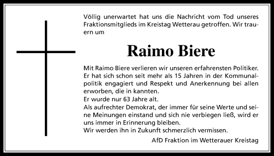 Traueranzeige von Raimo Biere von Wetterauer Zeitung