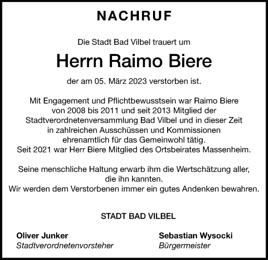 Traueranzeige von Raimo Biere von Bad Vilbel/Karben
