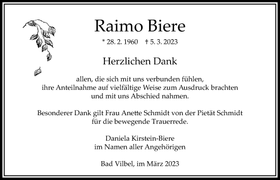 Traueranzeige von Raimo Biere von Bad Vilbel/Karben