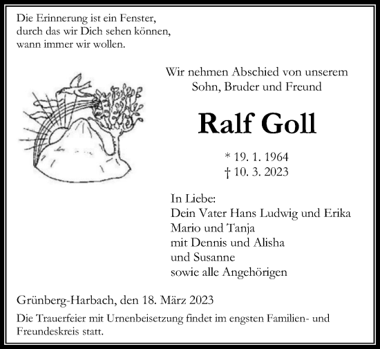 Traueranzeige von Ralf Goll von Giessener Allgemeine, Alsfelder Allgemeine