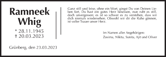 Traueranzeige von Ramneek Whig von Wetterauer Zeitung, Giessener Allgemeine, Alsfelder Allgemeine