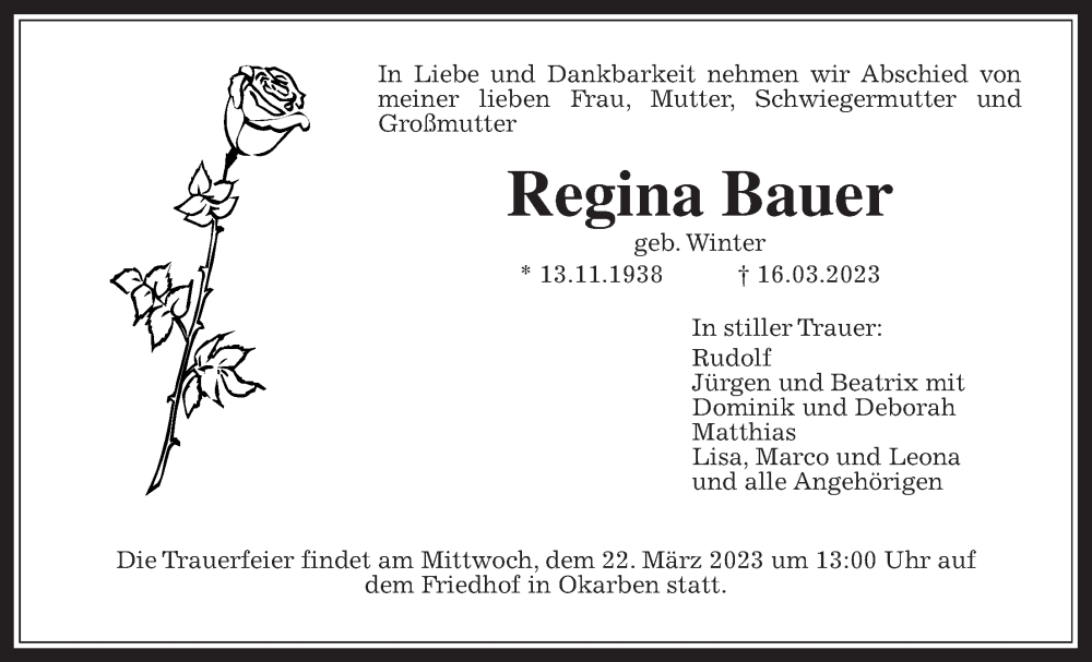  Traueranzeige für Regina Bauer vom 18.03.2023 aus Wetterauer Zeitung