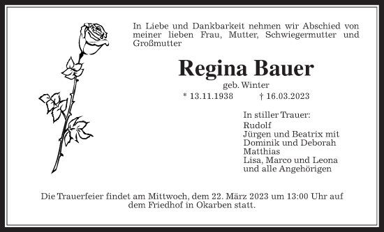 Traueranzeige von Regina Bauer von Wetterauer Zeitung