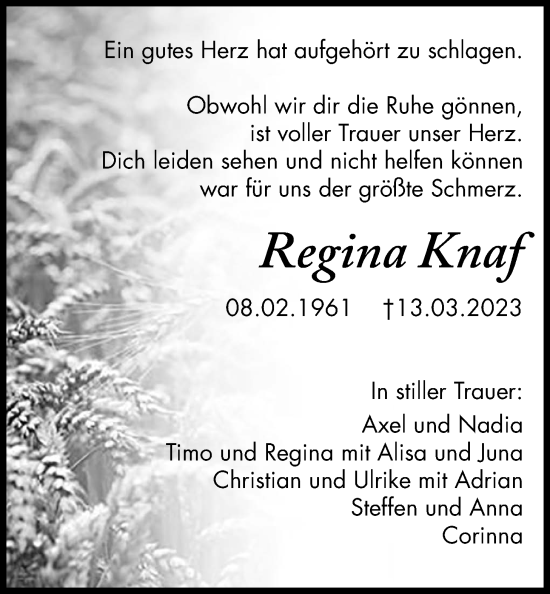 Traueranzeige von Regina Knaf von Kreis-Anzeiger