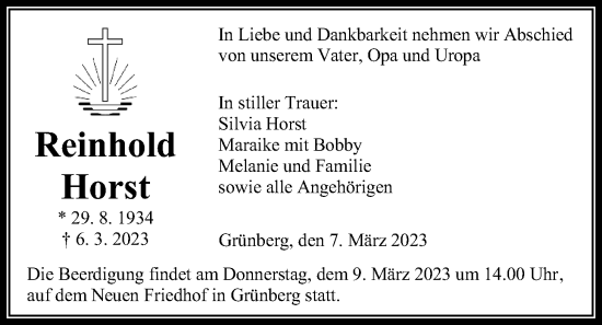 Traueranzeige von Reinhold Horst von Giessener Allgemeine, Alsfelder Allgemeine